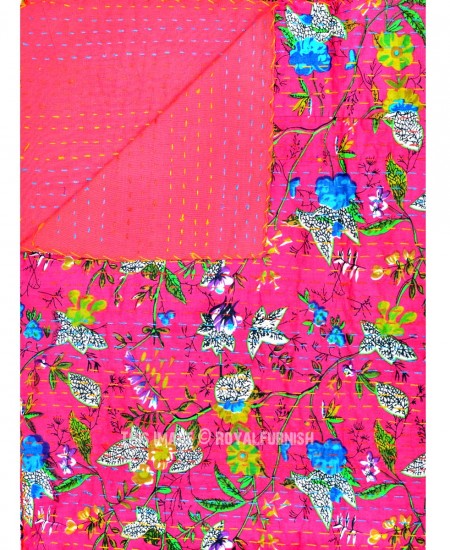 Pink Floral Leaves Printed Unique Cotton Kantha Quilt Blanket Throw ...
